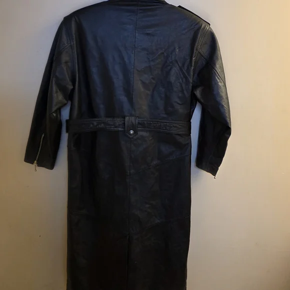 Vintage Korea Long Black Leather Trench Coat Bikers Belted Zippers Punk Medium - Picture 2 of 14